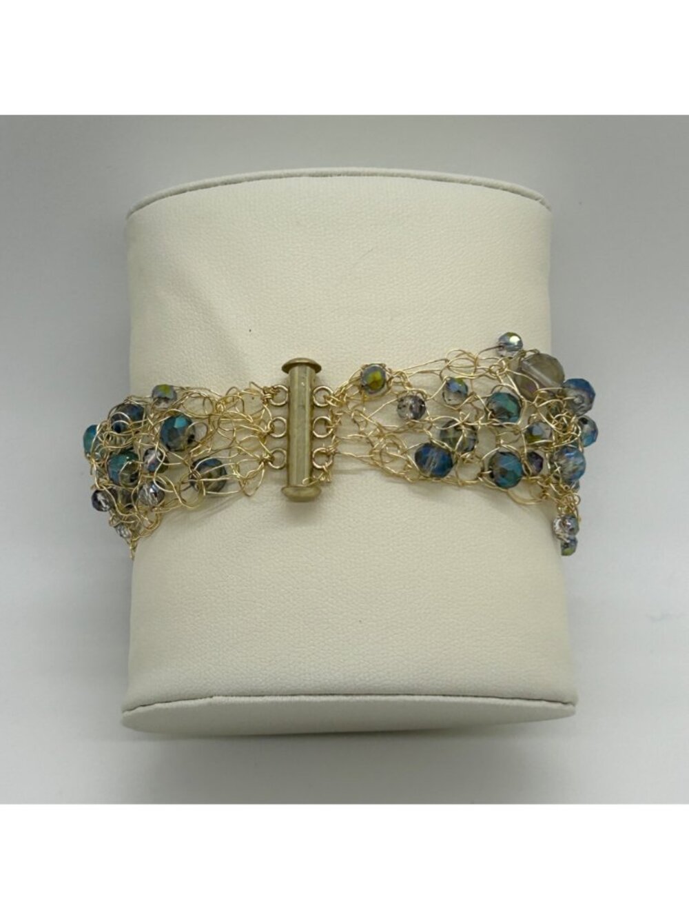 Handmade Gold-Tone Wire Crochet Bracelet Blue Crystal Beads Woven Mesh Statement - Picture 7 of 10